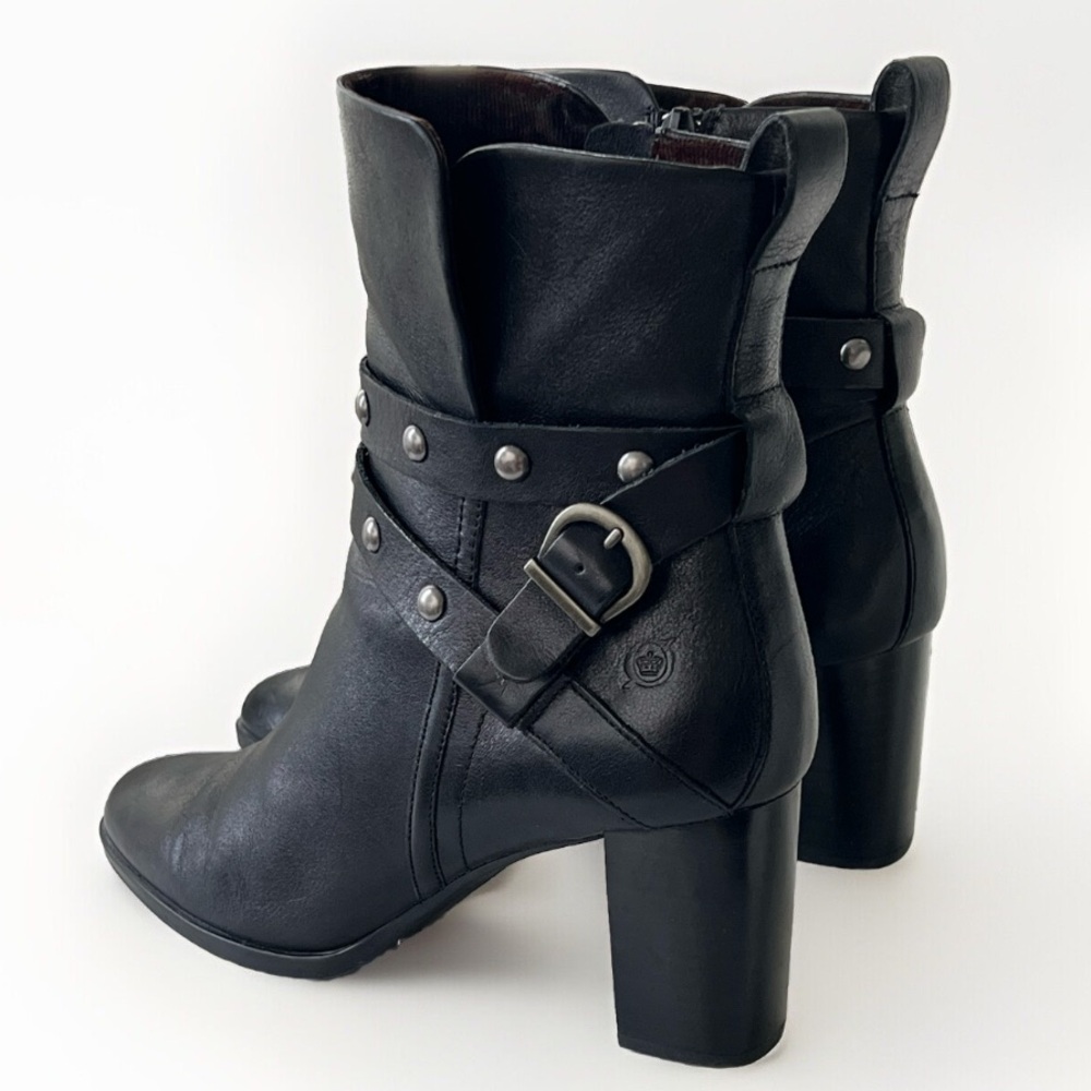 Born Emma Buckle Moto Black Leather Booties Edgy Biker Block Heel Size 10 M - Picture 2 of 16